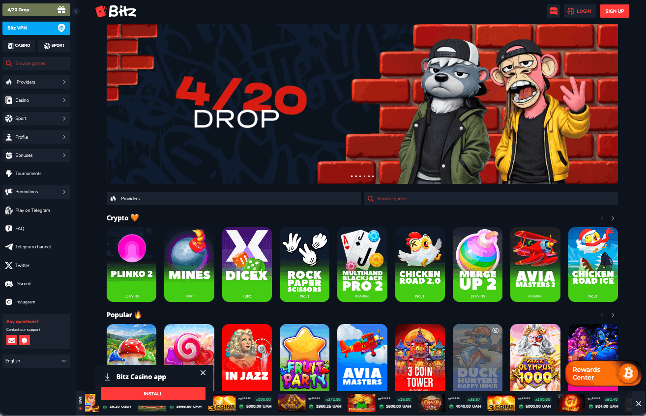 Bitz.io Casino Casino-Oberfläche