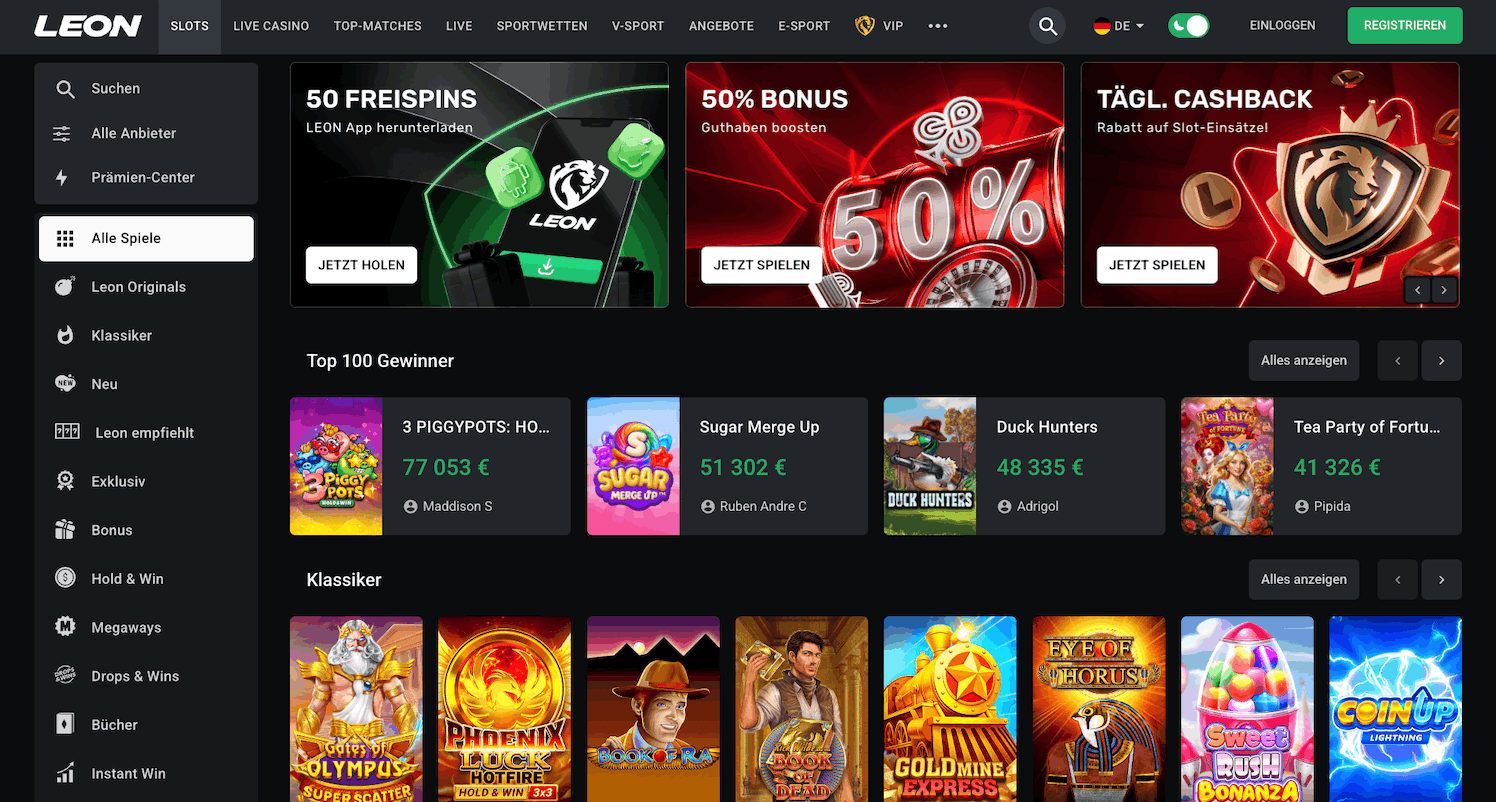 Leon Casino Casino-Oberfläche